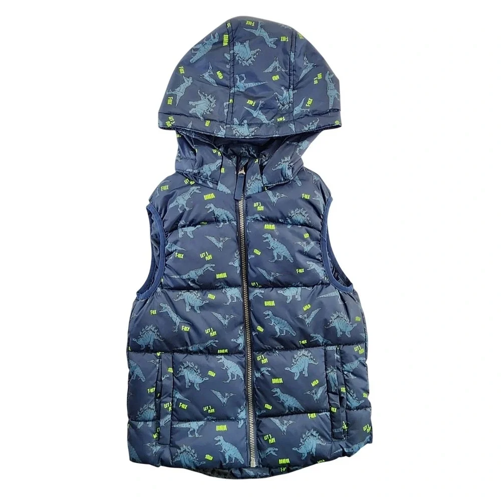 H&M Boys 6X/7 Navy Blue Dinosaur Puffer Vest Hooded Zip Up Jurassic Gorpcore Kid